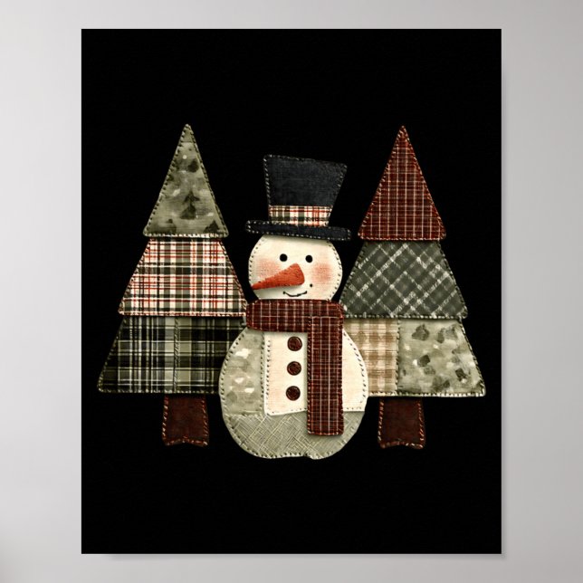 Snowman Trees Patchwork Plaid Trees Rustic Christm Poster (Front)