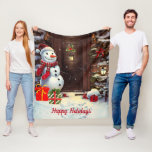 Snowman Vintage Christmas Scene Fleece Blanket<br><div class="desc">Stay warm in winter with this adorable Christmas blanket featuring a scene of a cute snowman with gifts at the front door of a house in a vintage watercolor image. The text on the blanket can be customised with your own or left as is.</div>