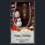 Snowman Vintage Christmas Scene Small Gift Bag<br><div class="desc">This is an adorable Christmas gift bag featuring a Christmas scene of a snowman with gifts at the front door of a house in a vintage watercolor style. The text on the gift bag is customisable with your own.</div>