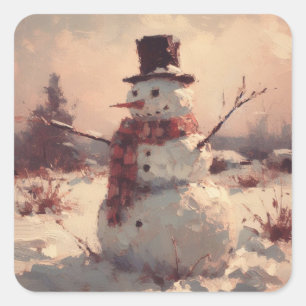 Snowman Vintage Painting Square Sticker