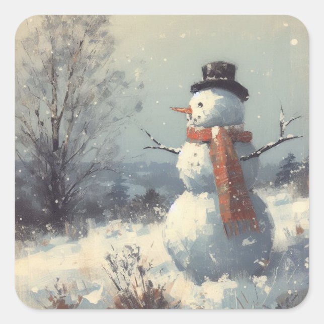 Snowman Vintage Painting Square Sticker (Front)