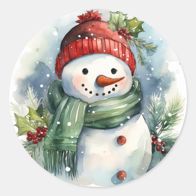 Snowman Watercolor Cute Christmas Classic Round Sticker (Front)