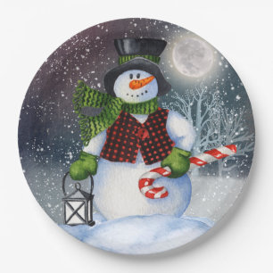 Snowman Watercolor Winter Christmas Paper Plate