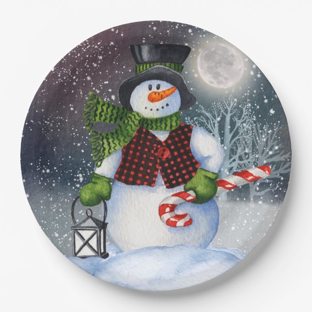 Snowman Watercolor Winter Christmas Paper Plate (Front)