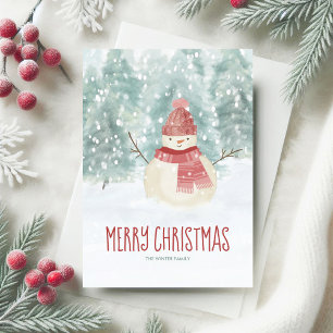 Snowman Watercolor Winter Woodland Christmas Holiday Card
