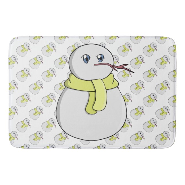 Snowman wearing a yellow scarf bath mat (Front)