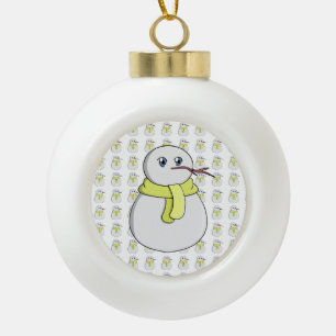 Snowman wearing a yellow scarf ceramic ball christmas ornament