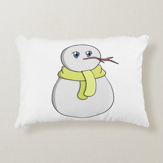 Snowman wearing a yellow scarf decorative cushion (Front)