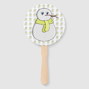 Snowman wearing a yellow scarf hand fan