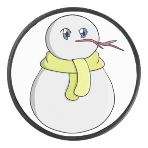 Snowman wearing a yellow scarf hockey puck
