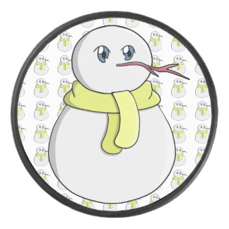 Snowman wearing a yellow scarf hockey puck