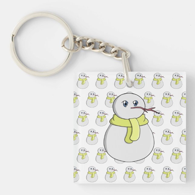 Snowman wearing a yellow scarf key ring (Front)