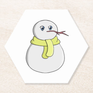 Snowman wearing a yellow scarf paper coaster