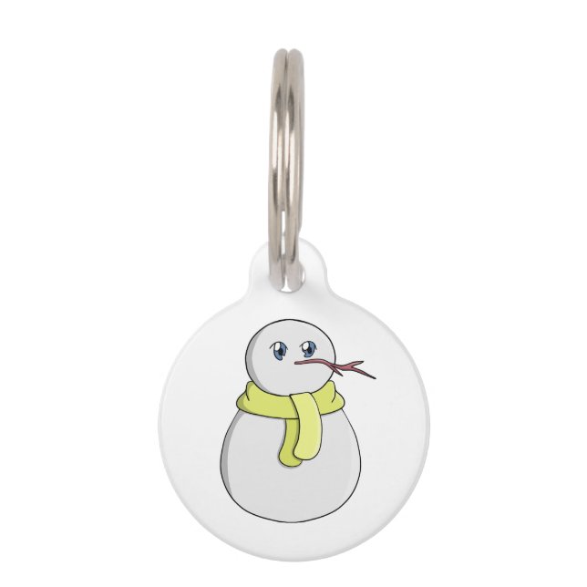 Snowman wearing a yellow scarf pet tag (Front)