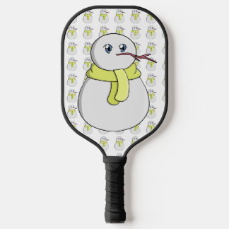 Snowman wearing a yellow scarf pickleball paddle