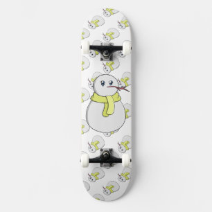 Snowman wearing a yellow scarf skateboard