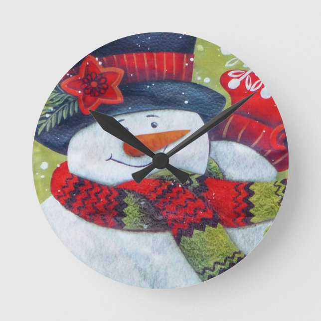 Snowman Wearing Scarf Round Clock (Front)