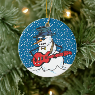 Snowman Wearing Sunglasses & Hat Playing A Guitar Ceramic Ornament