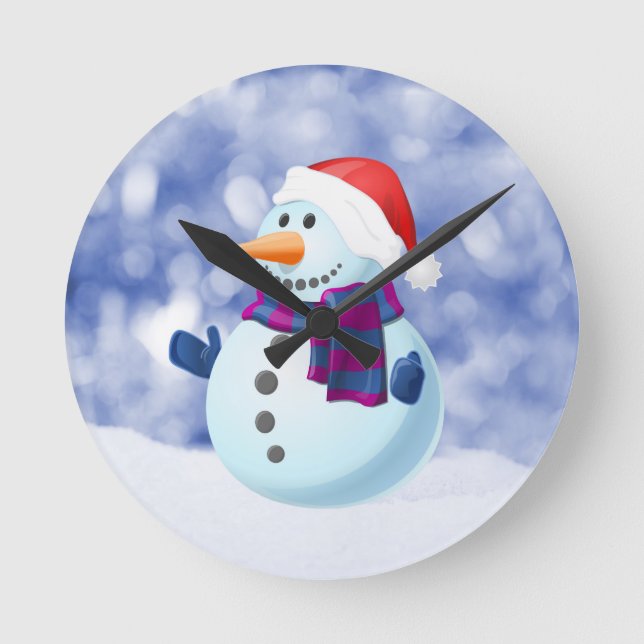 Snowman Winter Merry Christmas Snow Round Clock (Front)