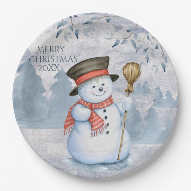 Snowman Winter Merry Typography Holiday Christmas Paper Plate (Front)