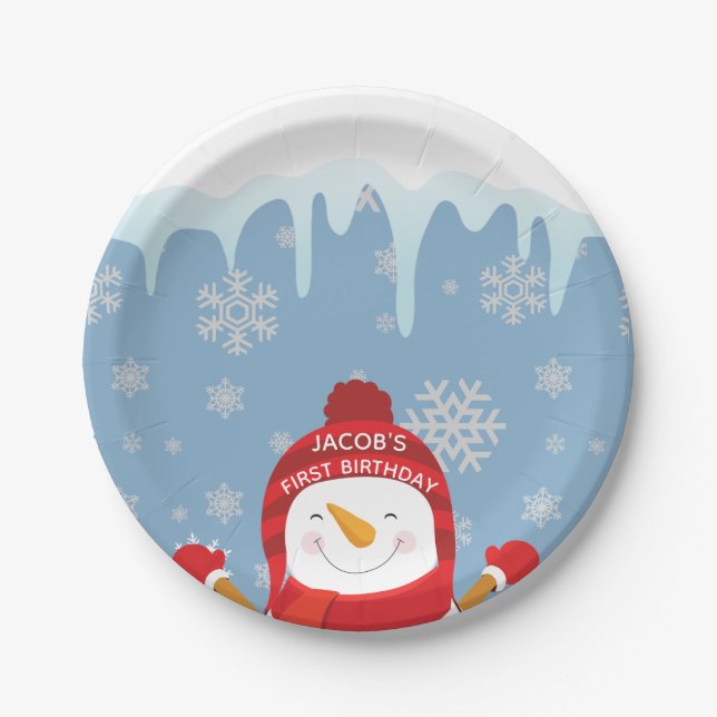 Snowman Winter Onederland Boy First Birthday Paper Plate (Front)