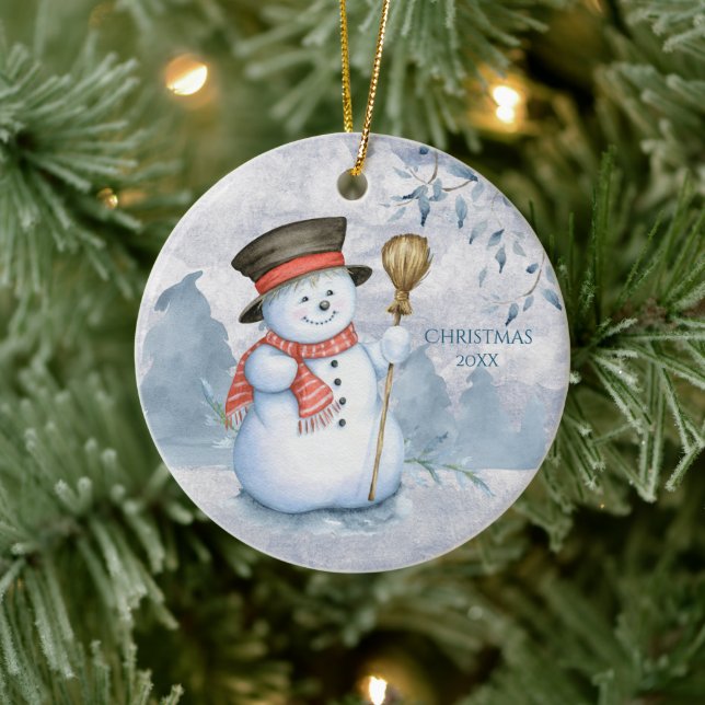 Snowman Winter Personalise Year Keepsake Cute Xmas Ceramic Ornament (Tree)