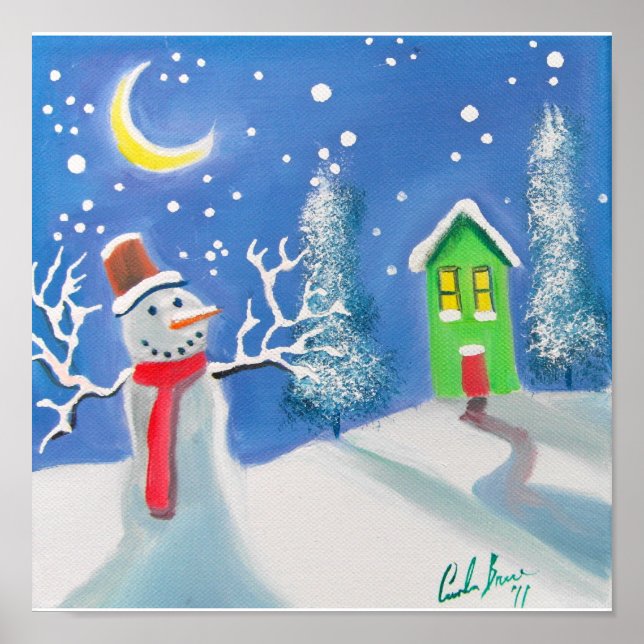 Snowman winter scene folk art painting poster (Front)
