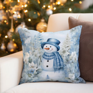 Snowman Winter Snow Blue Hat Scarf Cushion