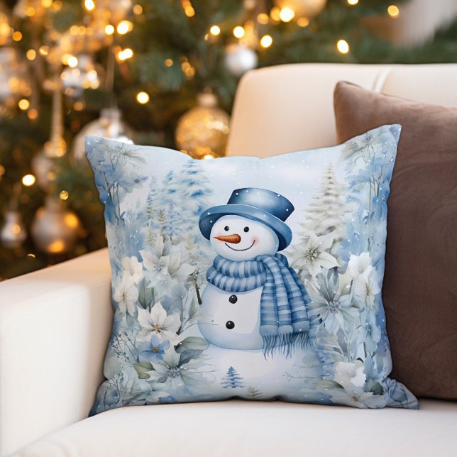 Snowman Winter Snow Blue Hat Scarf Cushion (Decorator pillow with a cute snowman wearing a blue top hat and scarf.)