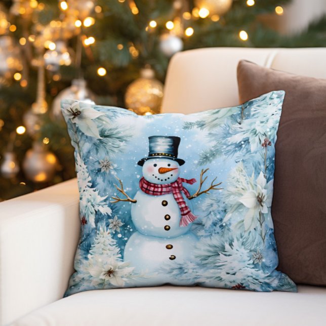 Snowman Winter Snow Buffalo Plaid Cushion (Decorator pillow with a cute Christmas snowman wearing a buffalo plaid scarf and black top hat.)