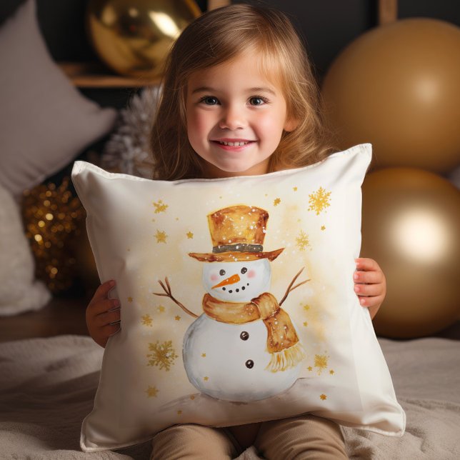 Snowman Winter Snow Gold White Cushion (Gold and white snowman Christmas pillow)