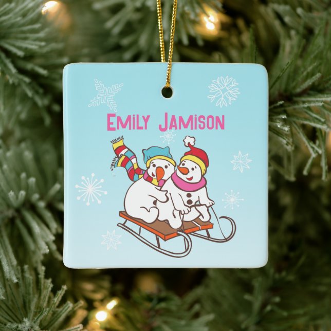Snowman Winter Sports Name and Wish Ceramic Orname Ornament (Tree)