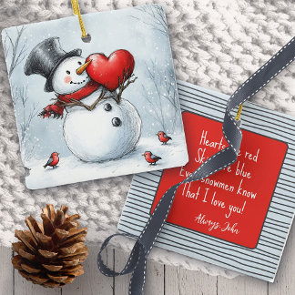 Snowman  with a Big Heart & Poem Ceramic Ornament