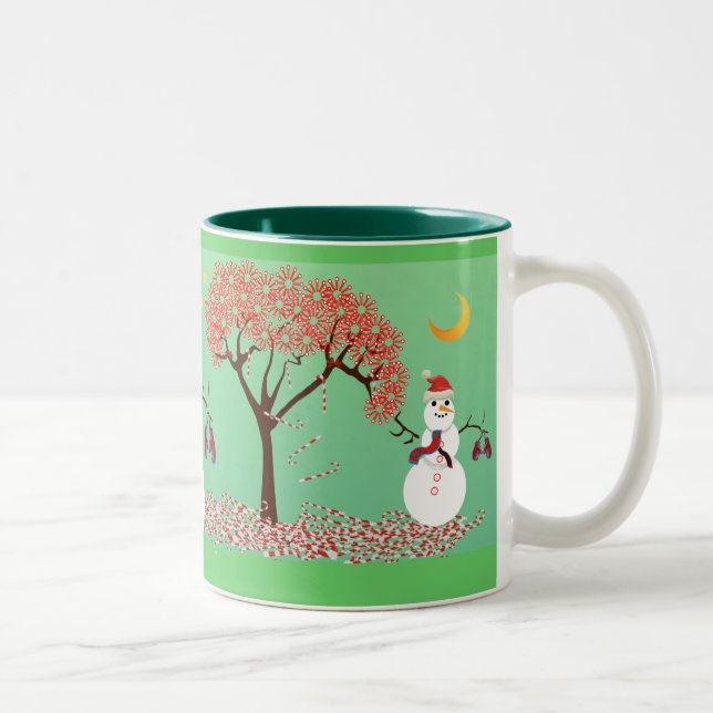 Snowman with a Candycane Tree Two-Tone Coffee Mug (Right)
