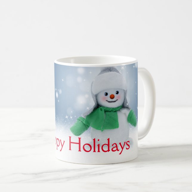 Snowman with a green scarf  coffee mug (Front Right)