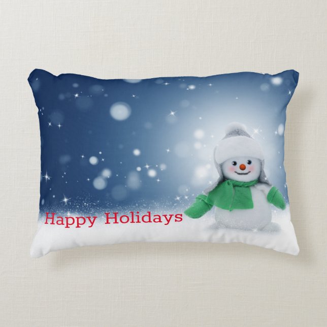 Snowman with a green scarf  decorative cushion (Front)