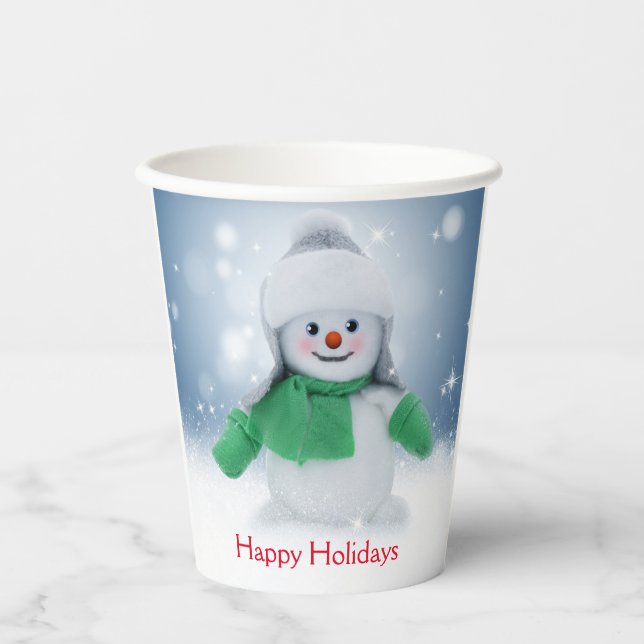 Snowman with a green scarf  paper cups (Front)