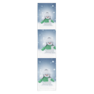 Snowman with a green scarf short table runner