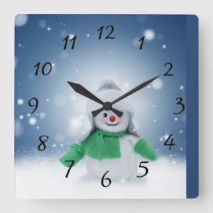 Snowman with a green scarf small square wall clock
