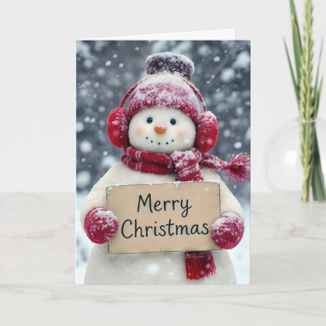 Snowman With a Merry Christmas Sign Card (Front)