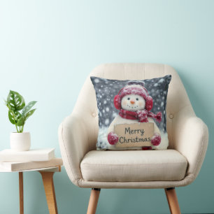 Snowman With a Merry Christmas Sign Cushion