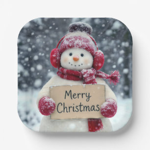 Snowman With a Merry Christmas Sign Paper Plate