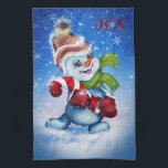 Snowman with a scarf tea towel<br><div class="desc">A festive snowman in a winter wonderland wearing a green scarf
100% Customizable. Click on the CUSTOMIZE button to add,  move,  delete,  resize or change any of the fonts or graphics.</div>