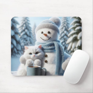 Snowman With a White Cat Mouse Pad