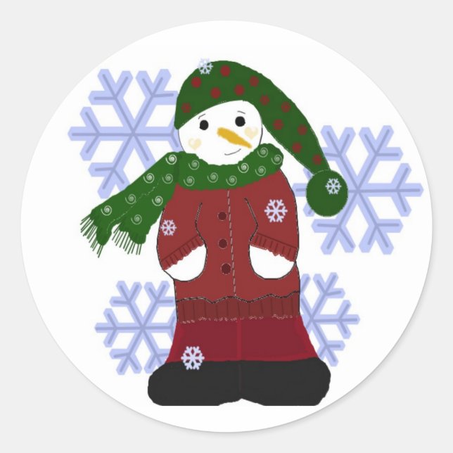 Snowman with Big Snowflakes Classic Round Sticker (Front)
