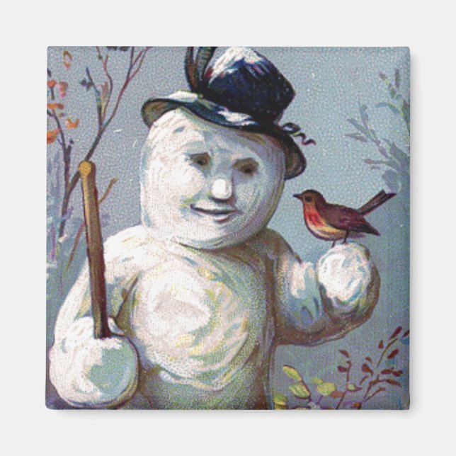 Snowman with Bird and Top Hat Vintage Magnet (Front)