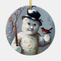 Snowman with Bird and Top Hat Vintage Ornament