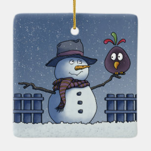Snowman with Bird Ceramic Ornament