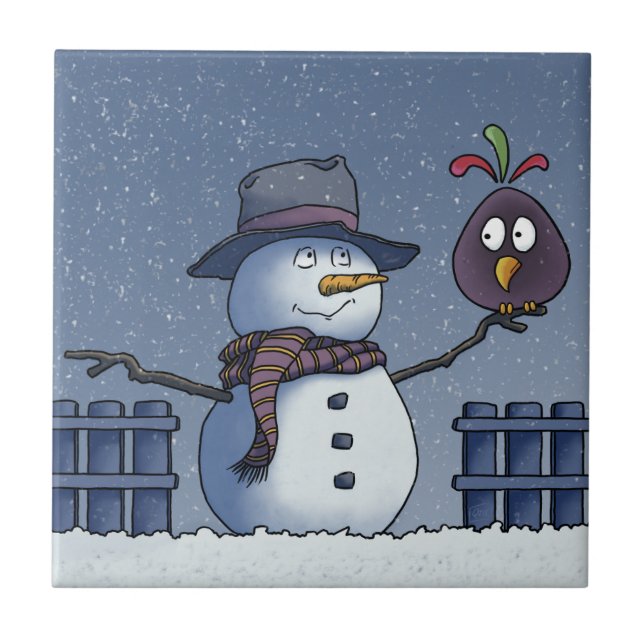 Snowman with Bird Ceramic Tile (Front)