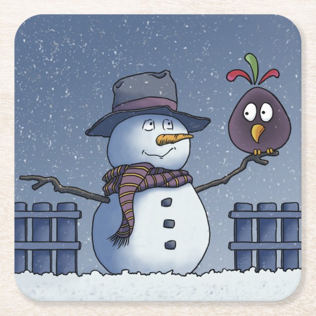 Snowman with Bird Square Paper Coaster (Front)